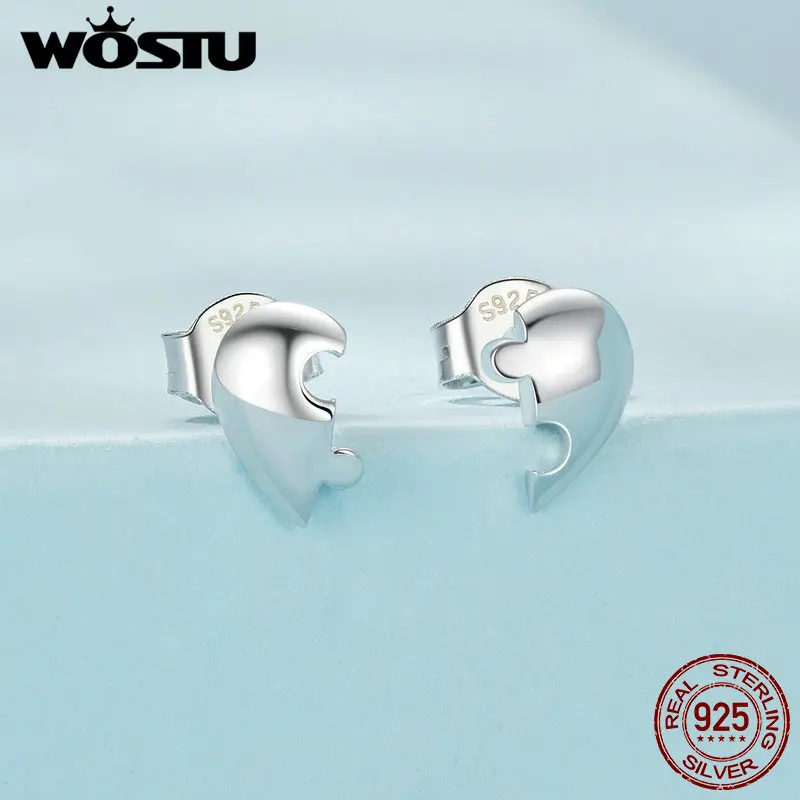 WOSTU 925 Sterling Silver Stud Earrings Cute Puzzle Love Heart Stud Earrings For Women Special Birthday Anniversary Jewelry Gift