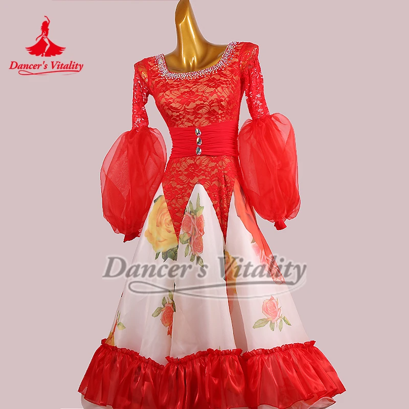 Standaard ballroomdans rode lantaarnmouwen grote schommeljurken hoogwaardige op maat gemaakte volwassen wals tango quickstep prestatiekleding