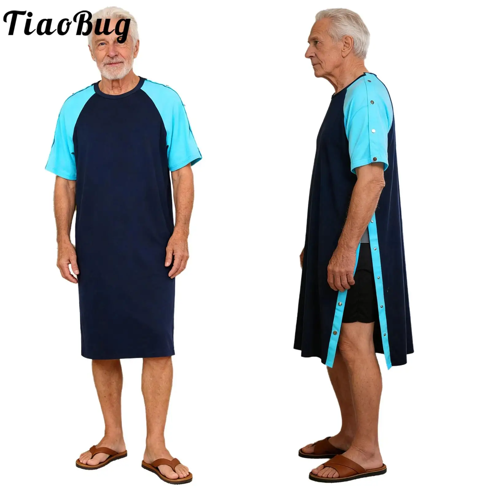

Men Elderly Tear-away Adaptive Sleepwear Robe Dress Sides Press Buttons Short Sleeve Loose Loungewear Nightgown for Daily Caring