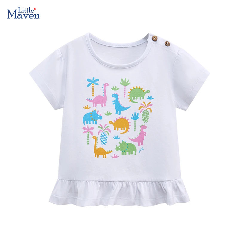 Little maven Summer Girs Short Sleeve T-shirt Cartoon Dinosaur Cute Tees Knitted Pure Cotton Children Kids Clothes Casual Tops