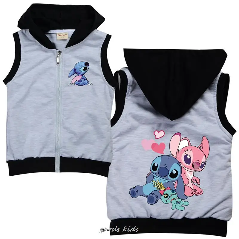 Lilo And Stitch Children\'s Cotton Hooded Vest Spring Sleeveless Kids Toddler Girls Boys Jacket Outwear Infant Baby Fall Clothes