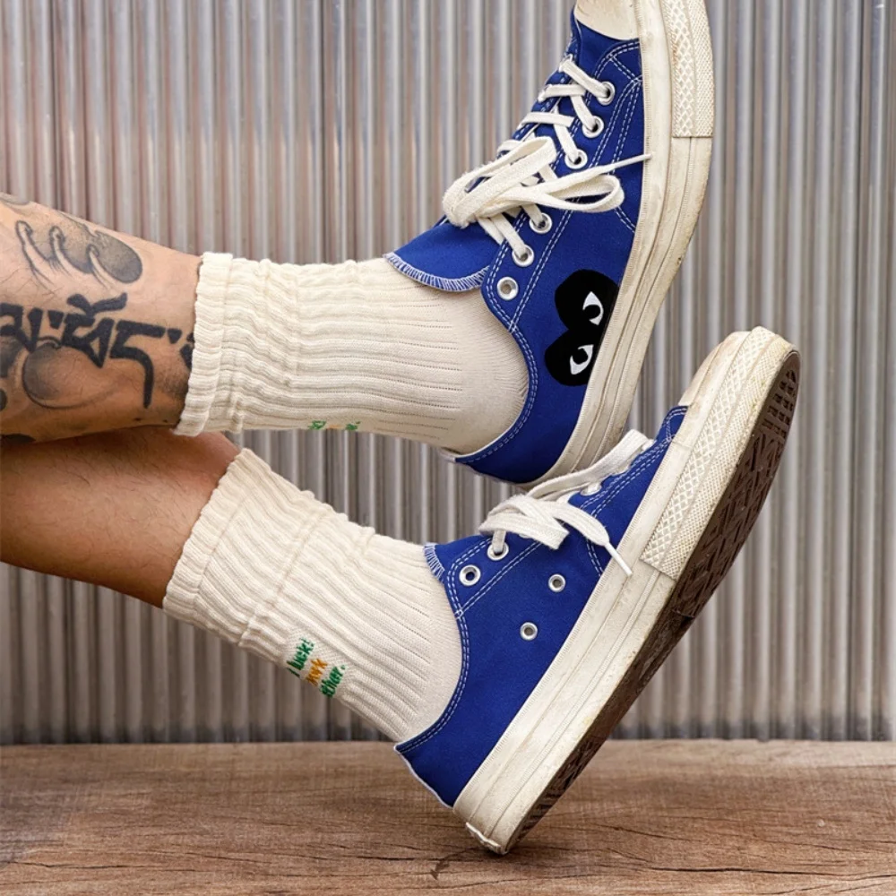 Unisex Letter Embroidery Slouch Crew Socks Cityboy Vertical Rib Mid Calf Socks Good Luck Slogan Cotton Socks Streetwear Sneaker