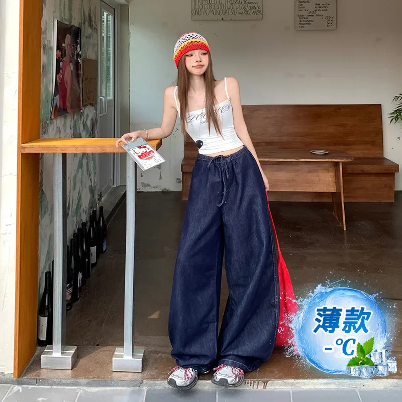 Jeans retrô de cintura baixa com pernas largas, mulheres primavera e verão nova cor sólida estilo fino cordão solto jeans de perna reta