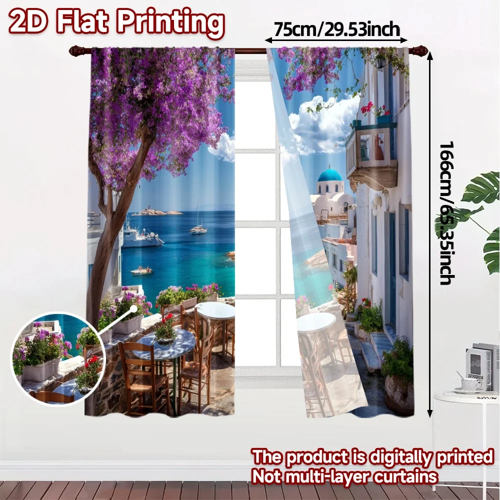 2pcs, 2D FLAT PRINTING Curtains (Without Rod) Santorini Bliss Print Modern Curtains Polyester Curtains Festive Suitable for