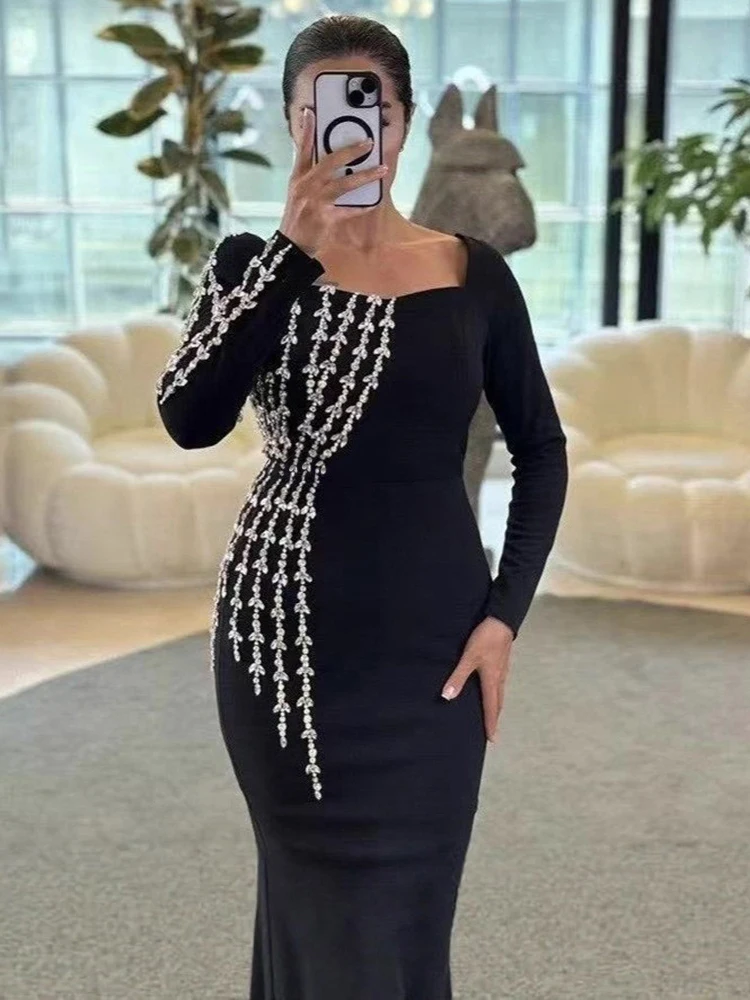 

Sexy Square Collar Shiny Diamonds Long Bandage Dress Women Blue Long Sleeves Rhinestones Bodycon Dresses Evening Party Gowns