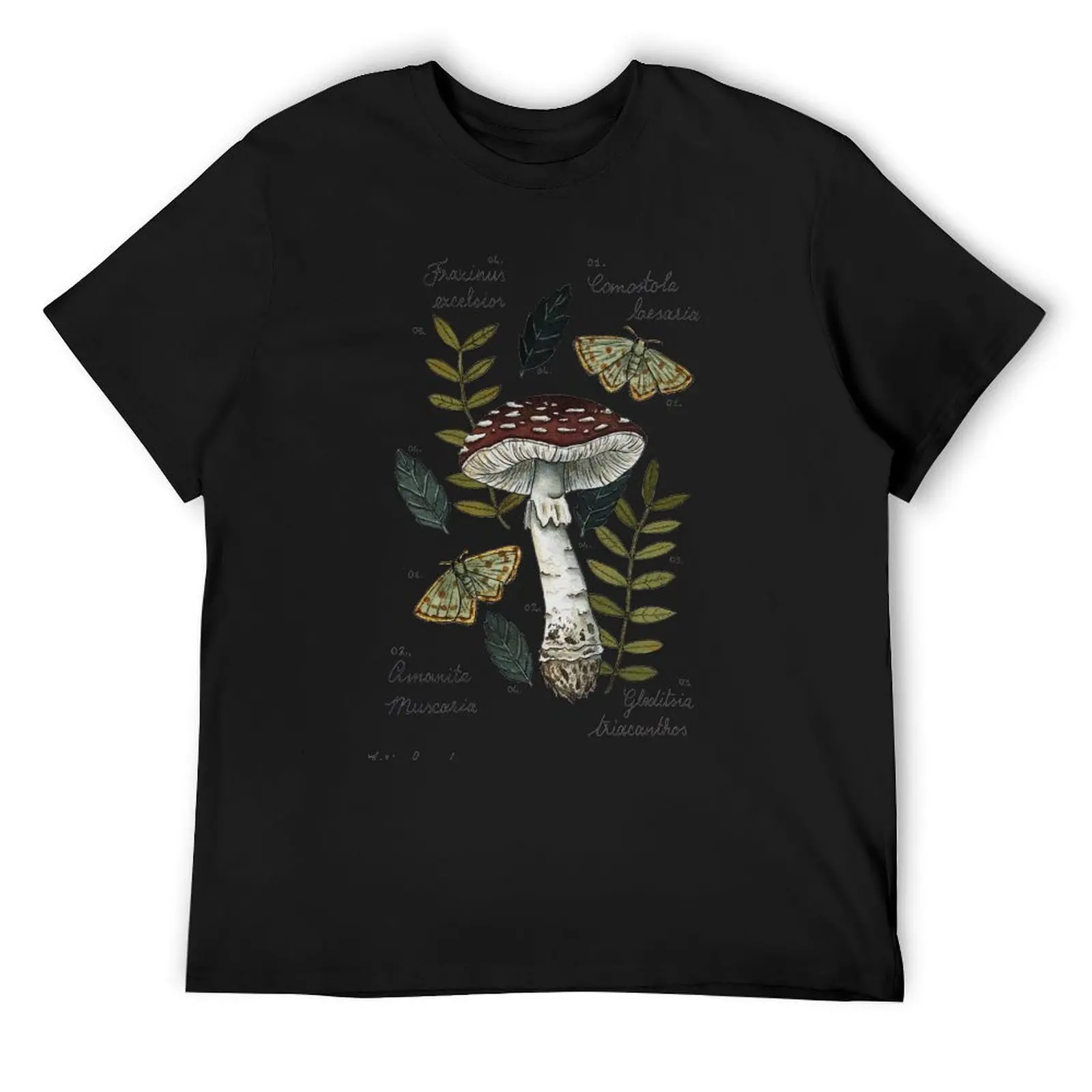 

Amanita Muscaria with moths and leaves botanical illustration T-Shirt summer tops street wear T-shirt men