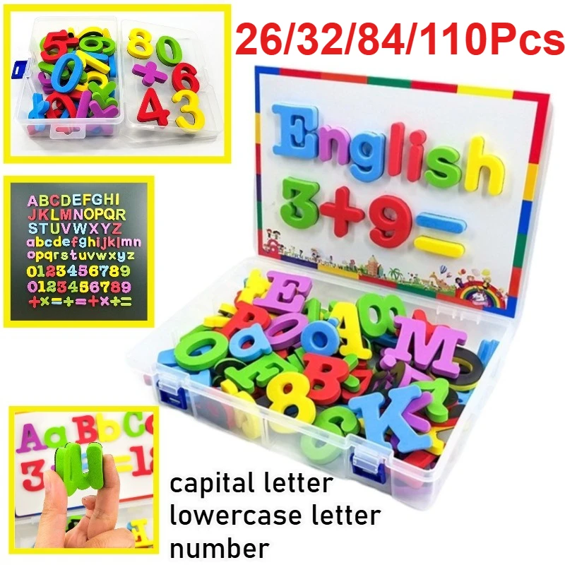 26/32/84/110Pcs Colorful Letter and Number Magnets with Storage Box Decorative Stickers for DIY Craft Wall Decor Pre-teaching