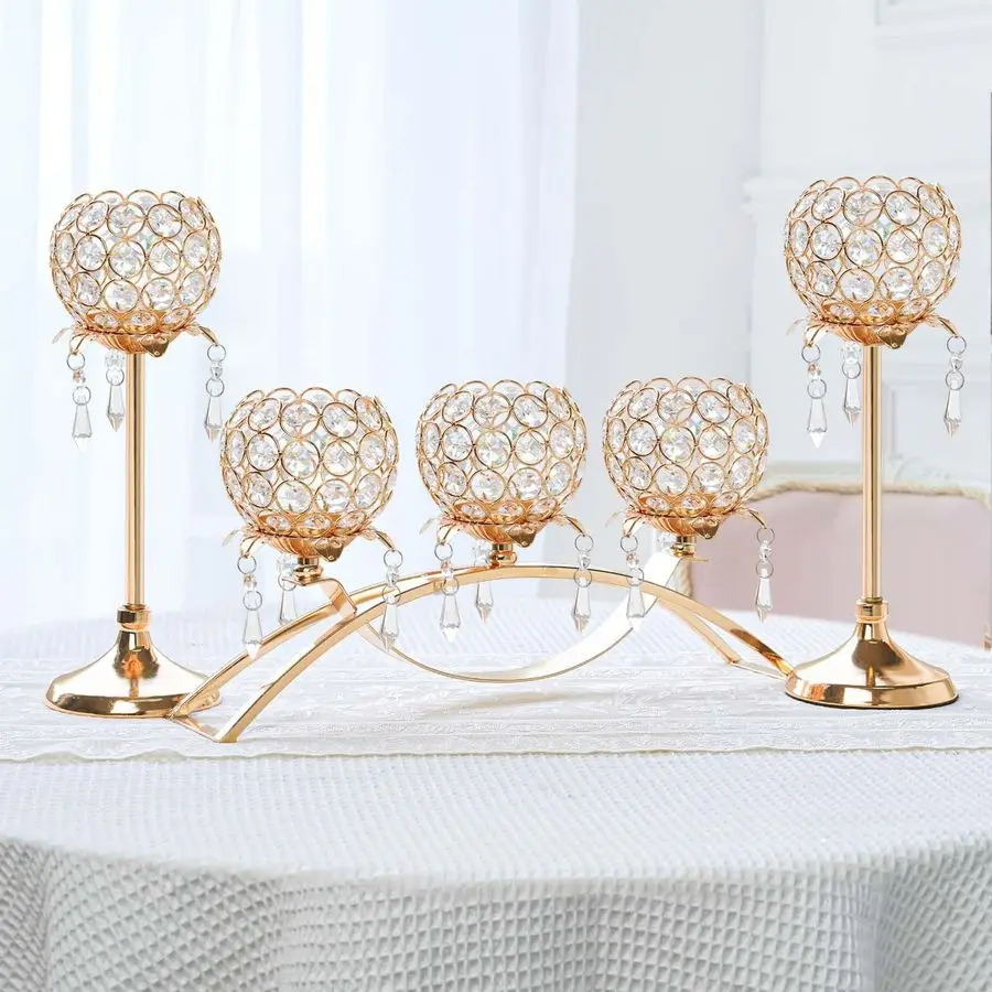 

of 3 Gold Crystal Tea Light Candlestick Holders Flower Shape with Crystal Pendant Bowl Votive Metal Candle Holder for Table Cent