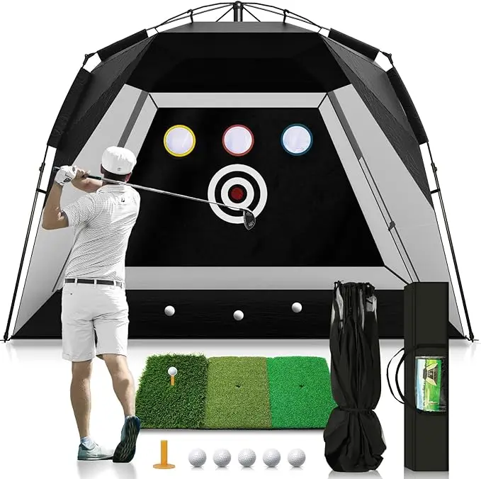 Foldable 10x7FT Golf Net Tri-Turf Mat for Home Practice Easy Backyard Driving Chipping Swing Training Perfect Christmas Gift Men