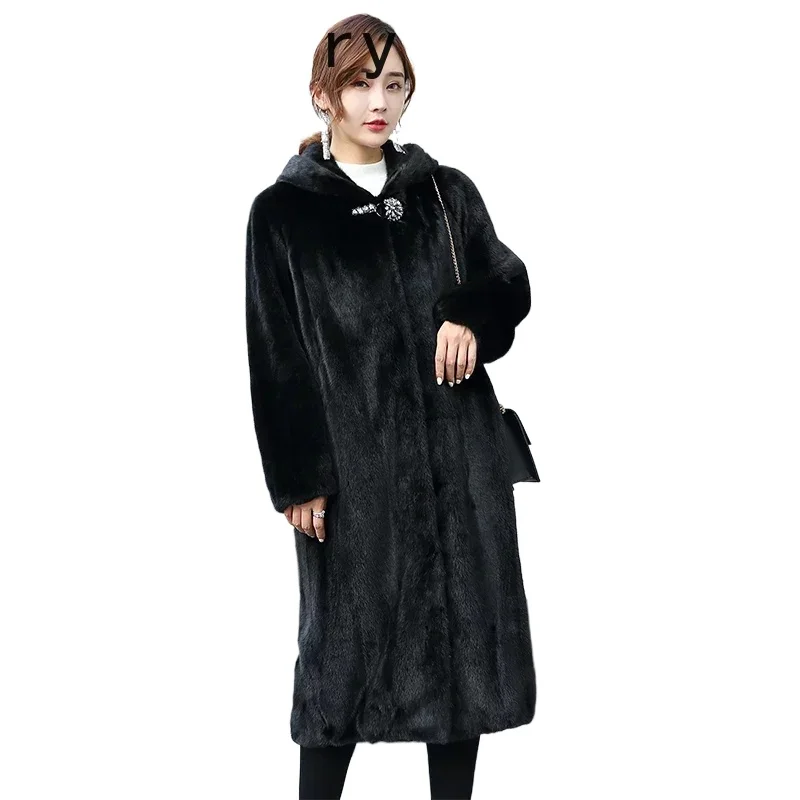 Prawdziwe futro z norek Płaszcze zimowe 2024 Luksusowe futro damskie Ciepłe kurtki z futra norki dla kobiet z kapturem Długa 110cm Casacas Para Mujer SGG