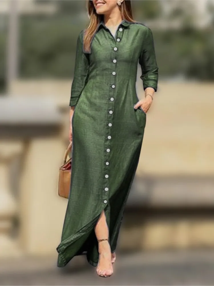 2025 nuevo vestido Primavera Verano mujer talla grande elegante estilo Neutral algodón Lino vestido largo manga larga solapa Color sólido