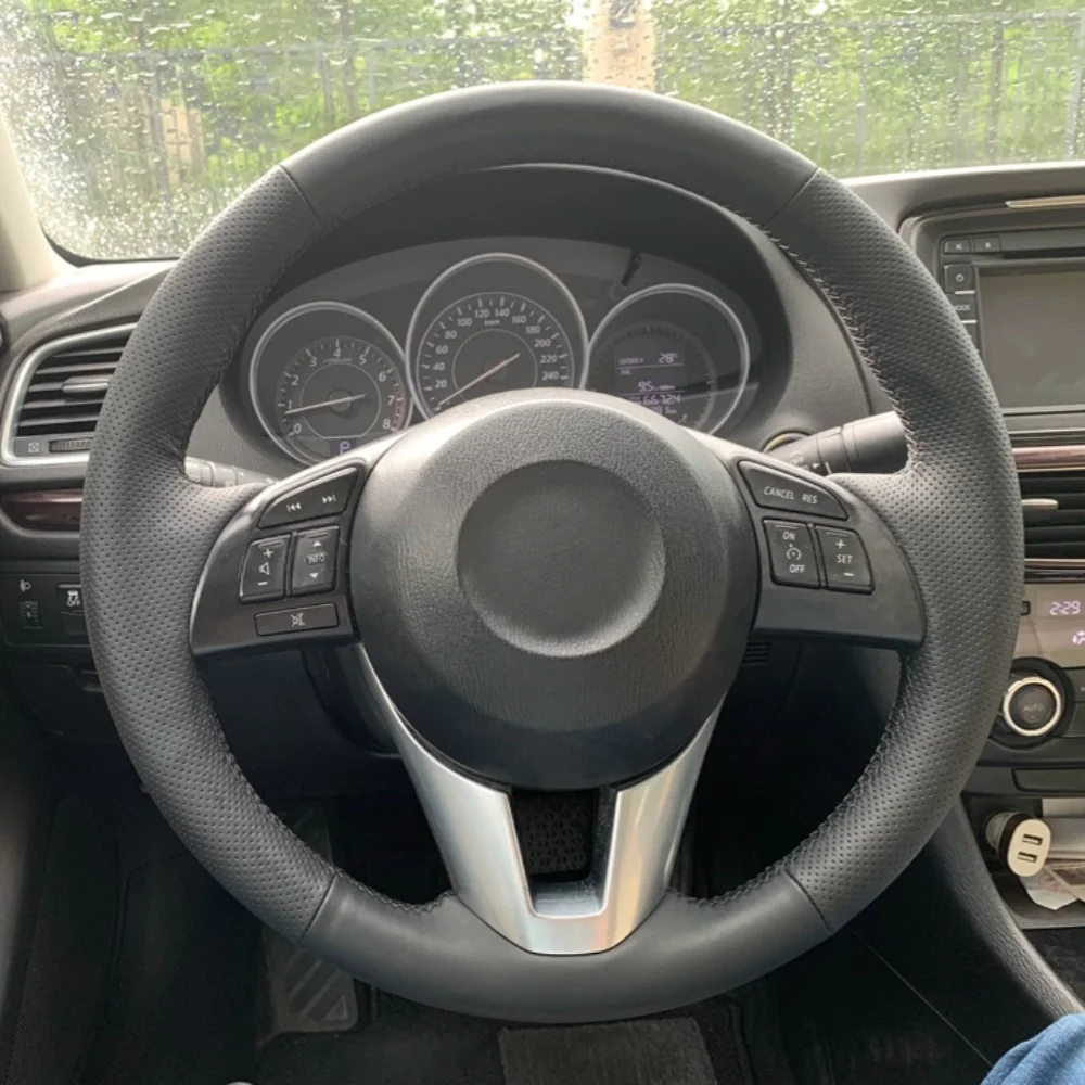 Hand-Stitched Black Wear Resistant Perforated Microfiber Leather Steering Wheel Cover For Mazda 3 6 Auto Interior Accessories