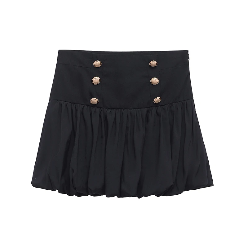 YENKYE New 2025 Women Black Balloon Mini Skirt Vintage High Waist Side Zipper Front Button Fashion faldas Mujer