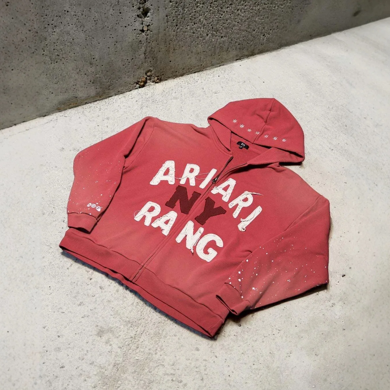 ARIRANG Red and Black Pure Cotton Washed Letter Hooded Jacket with Fabric Zipper Cover, Unisex Jacket