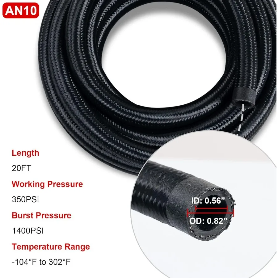 10AN مجموعة خط الوقود مع خرطوم خط الوقود المضفر من النايلون CPE 20FT و12 قطعة طقم مهايئ تركيب خرطوم الوقود لـ HighPerformanc