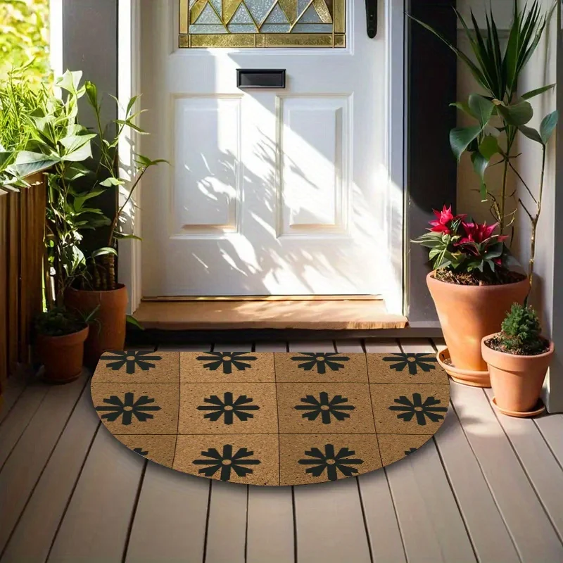 Floral Mandala Half Round Rug Vibrant Red Orange Teal Petals Symmetrical Design Boho Entrance Mat - view 3
