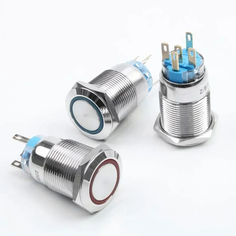 10pcs 19mm Metal brass Push Button Switch flat round illumination ring Momentary self reset locking 1NO 1NC Car press button