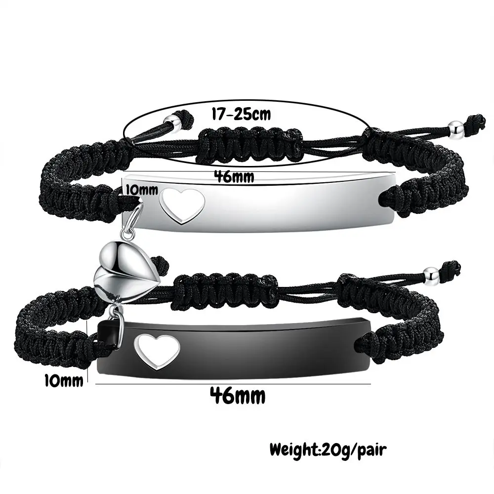 Custom Stainless Steel Couple Bracelet Set Black Woven with heart magnetic suction Bracelet for Women Men Jewelry Accessories