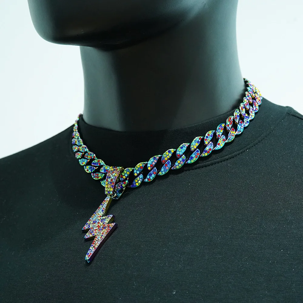 

New Luxury Fashion Colored Zircon Lightning Pendant Men necklace Iced Out Miami Cuban Chain Rapper Party Wear Jewelry