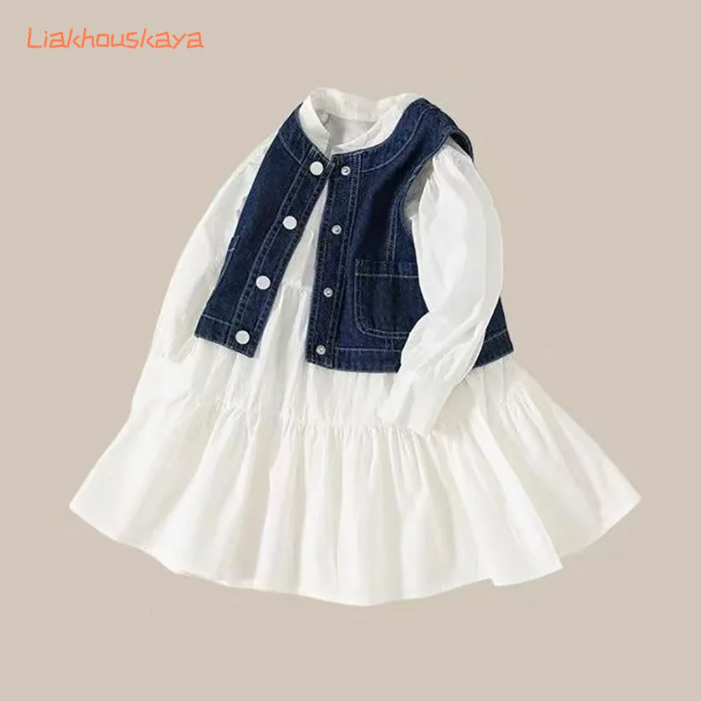 2025 New Kids Girls Clothing Sets Spring Autumn 2PCS Denim Vest Shirt Dress Korean Style Fashion Casual Outfits for Toddler Girl