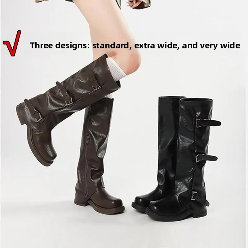 

Женские высокие сапоги до середины икры, 2025 г., Thi Bot, плиссированные брюки в стиле вестерн, рыцарские сапоги до бедра, большие размеры, большие сапоги