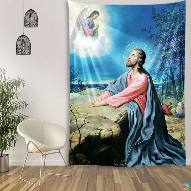 Jesus Pray Tapestry Easter Christmas Nativity Scene Christ Wall Decor Christian Believers Wise Men Wall Hanging Home Decoration