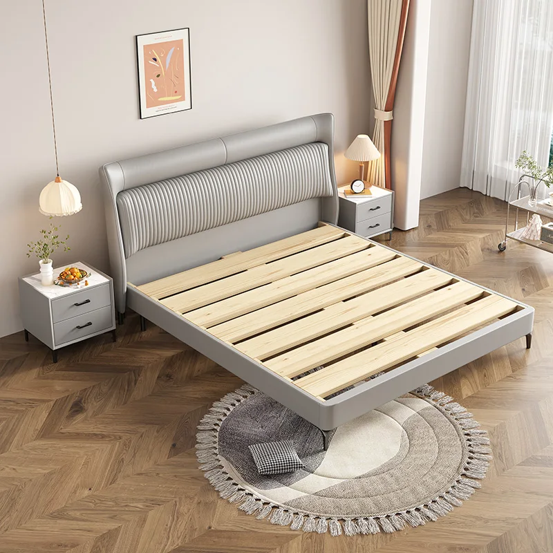 The product can be customized.Italian light luxury minimalist leather bed, cream style master bedroom double bed