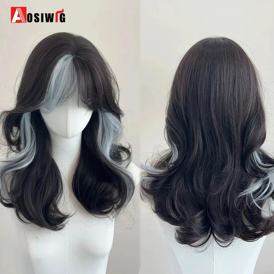 AOSI Ombre Synthetic Long  Wavy Black Prominent Blue Hair Wig Party Wigs for Women Cosplay Lolita Wig For Daily Use