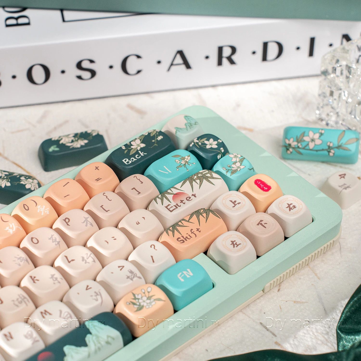 Keycaps Chinese Style Spring Theme Retro Green Ball Caps Pbt Rounded Sublimation 131Keys Spring Bamboo Keycaps L Shape Enter Key