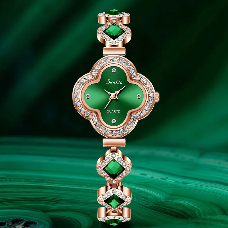 LIGE Sunkta Four-leaf Clover  Woman Watch Vintage Elegant Diamond fashion Bracelet Luxury Emerald Green Quartz Watches for Women