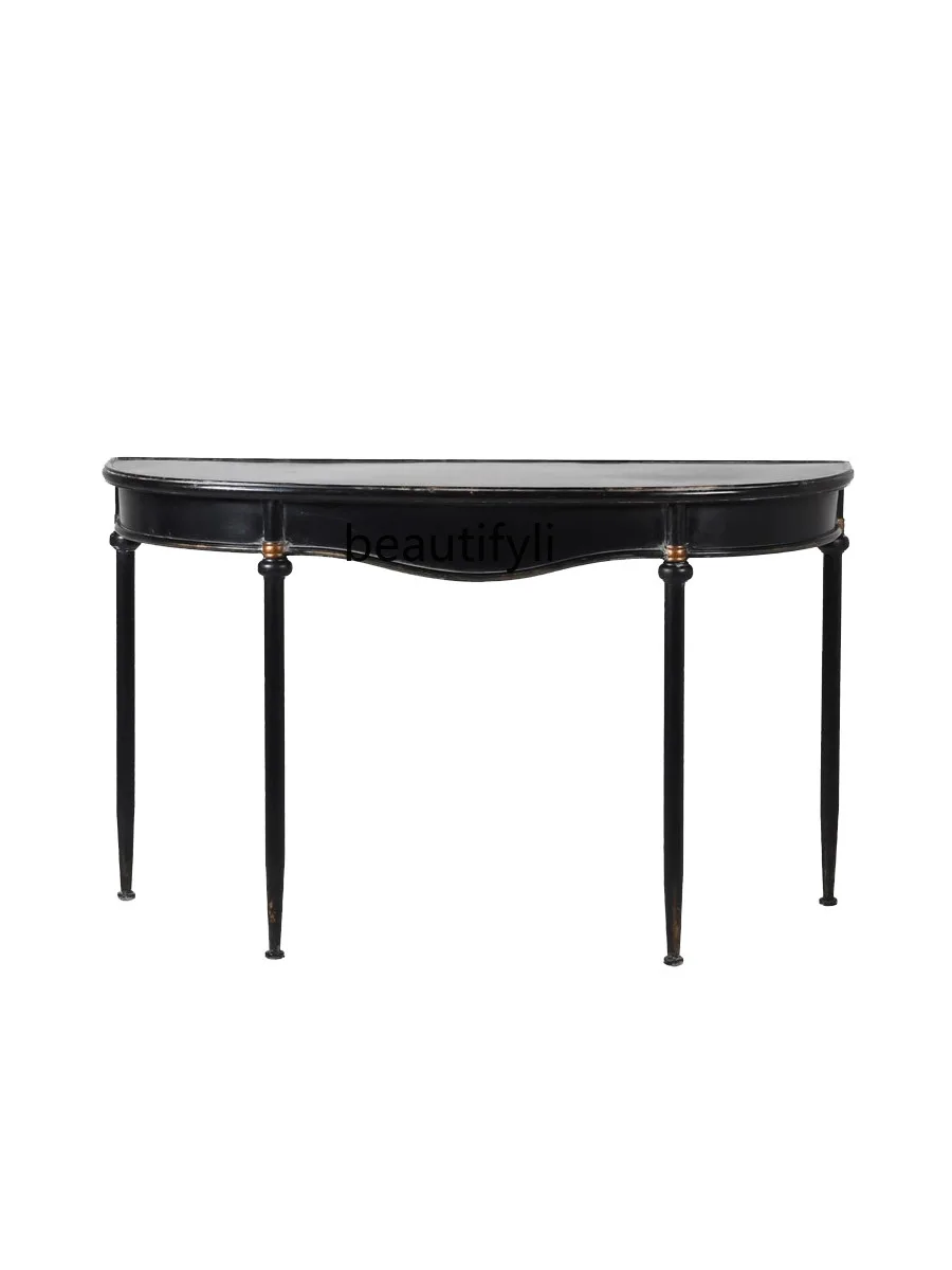 

French Retro Solid Wood Console Black Distressed Living Room Wall Side Table American Country Entrance Art Entrance Cabinet