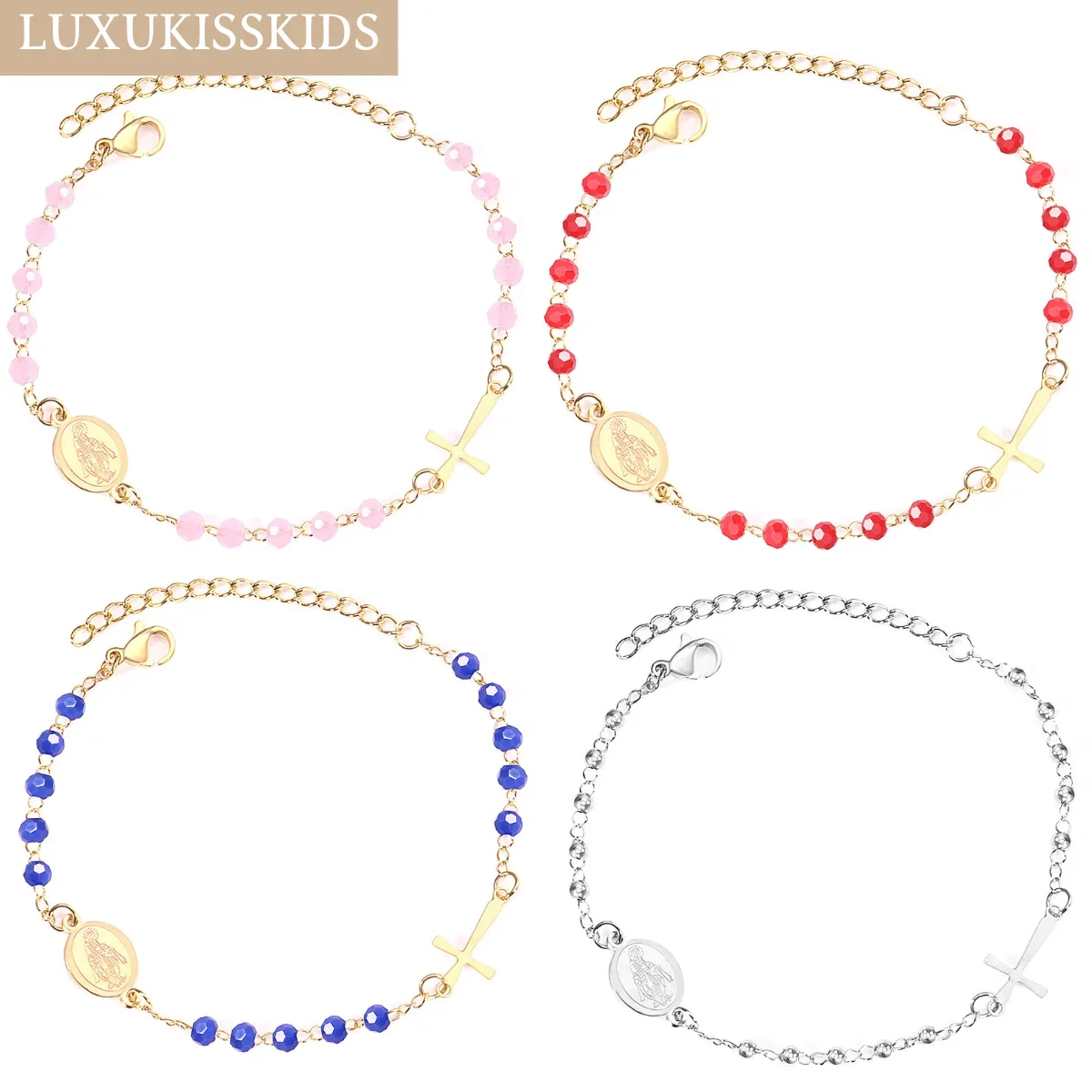 LUXUKISSKIDS Rosary Jesus Beads Bracelets Multicolor Stainless Steel Cross Christian Link Chain Enamel Prayer Hand Jewelry Gifts