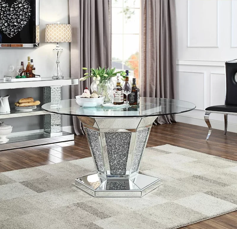 bv-Modern Mirrored Round Dining Room Diamond Insert Restaurant Table for Home Hotel Wedding·