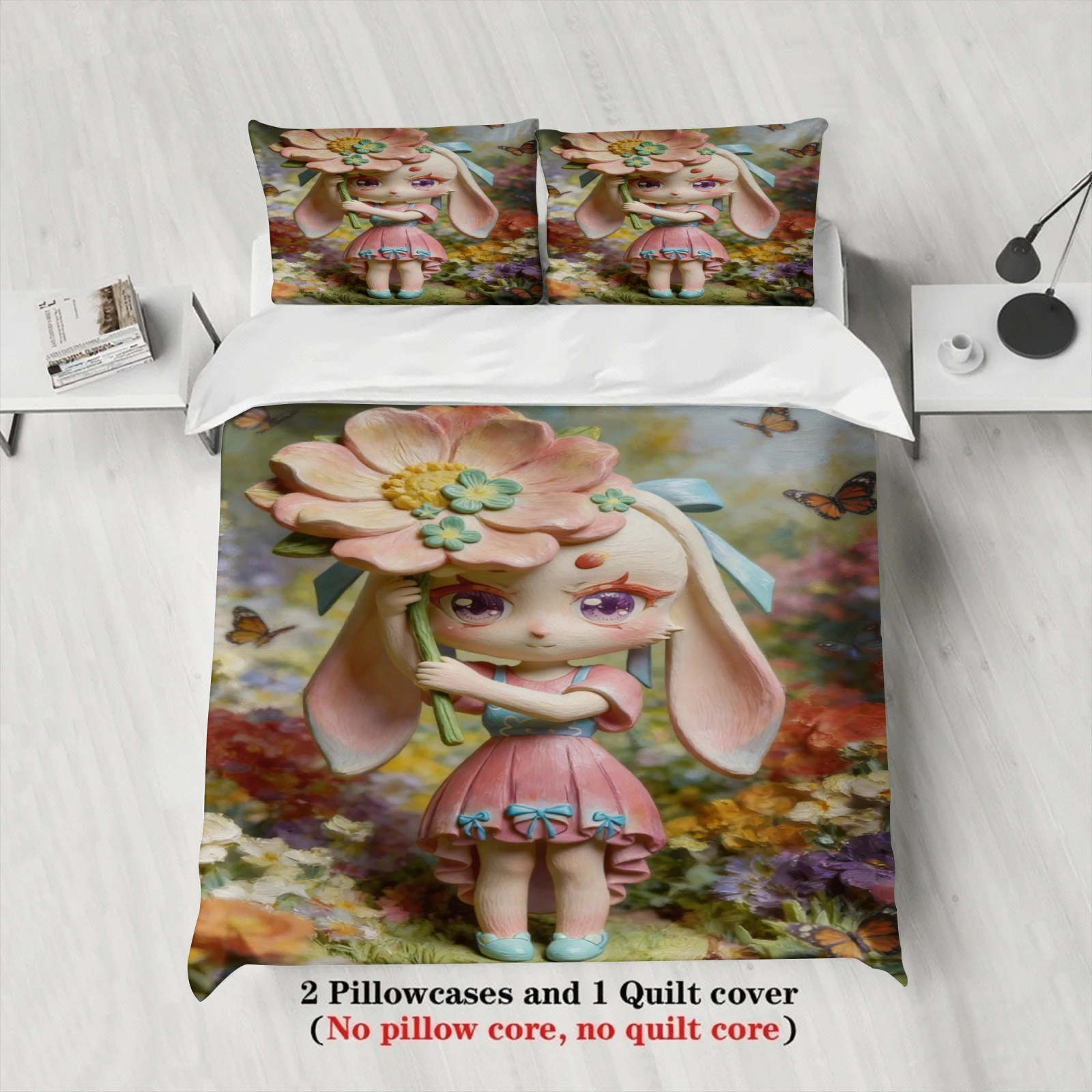 Softville Cozy Town 3PCS Bedding Sets Lop Rabbit Waving Hand Flower Pint Duvet Cover No filling Cartoon Style Queen King Size