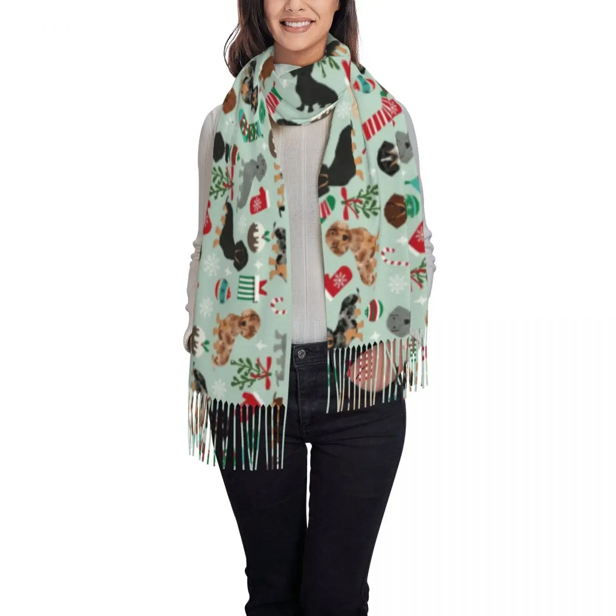 Custom Dachshunds Retro Christmas Tassel Scarf Women Soft Sausage Wiener Badger Dogs Shawls Wraps Ladies Winter Fall Scarves