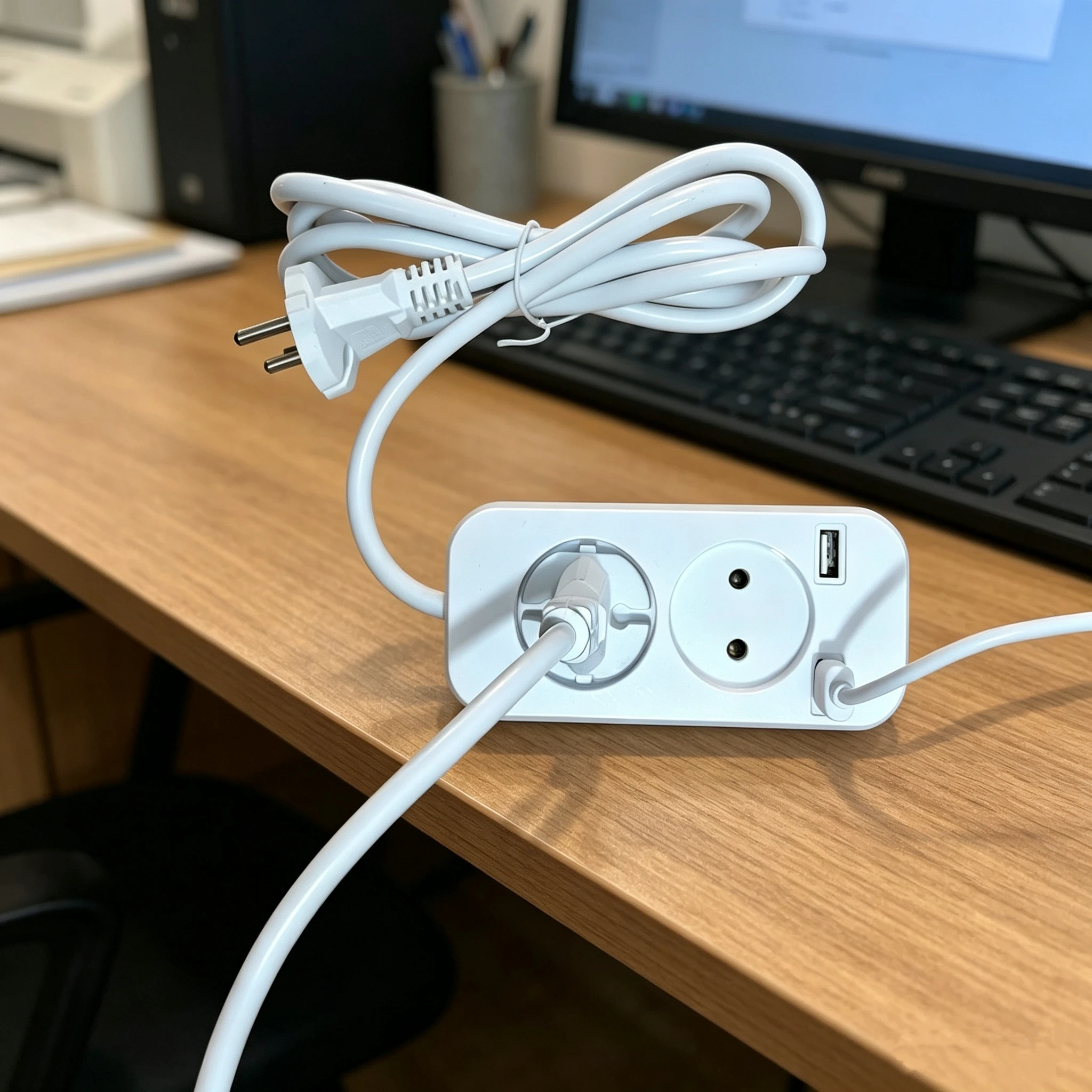 Enchufe de extensión de 2 tomas con cable de 1.5m y doble puerto USB 5V 2A, tomacorriente de pared USB de alta calidad, modelo FT1P-01, enchufe de pared.