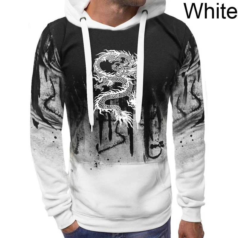 Men\'s Fashion Dragon Print Hoodies Casual Autumn Winter Long Sleeves Hooded Sweatshirts Outdoors Sport Tops