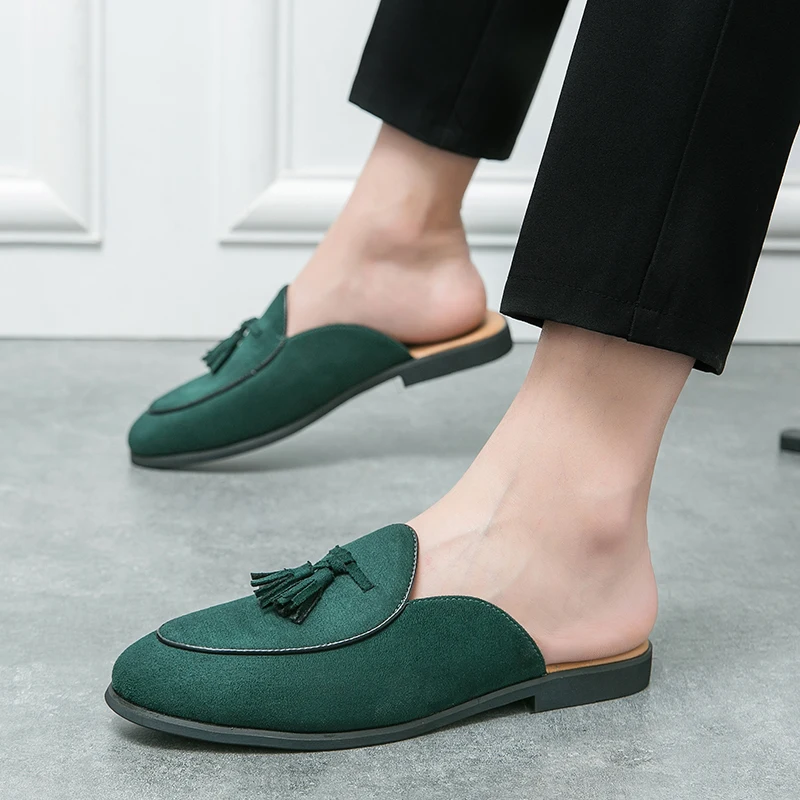 Masculino verde preto bege metade chinelos mocassins casuais camurça couro borlas sem acompanhamento conforto respirável sapatos para casa