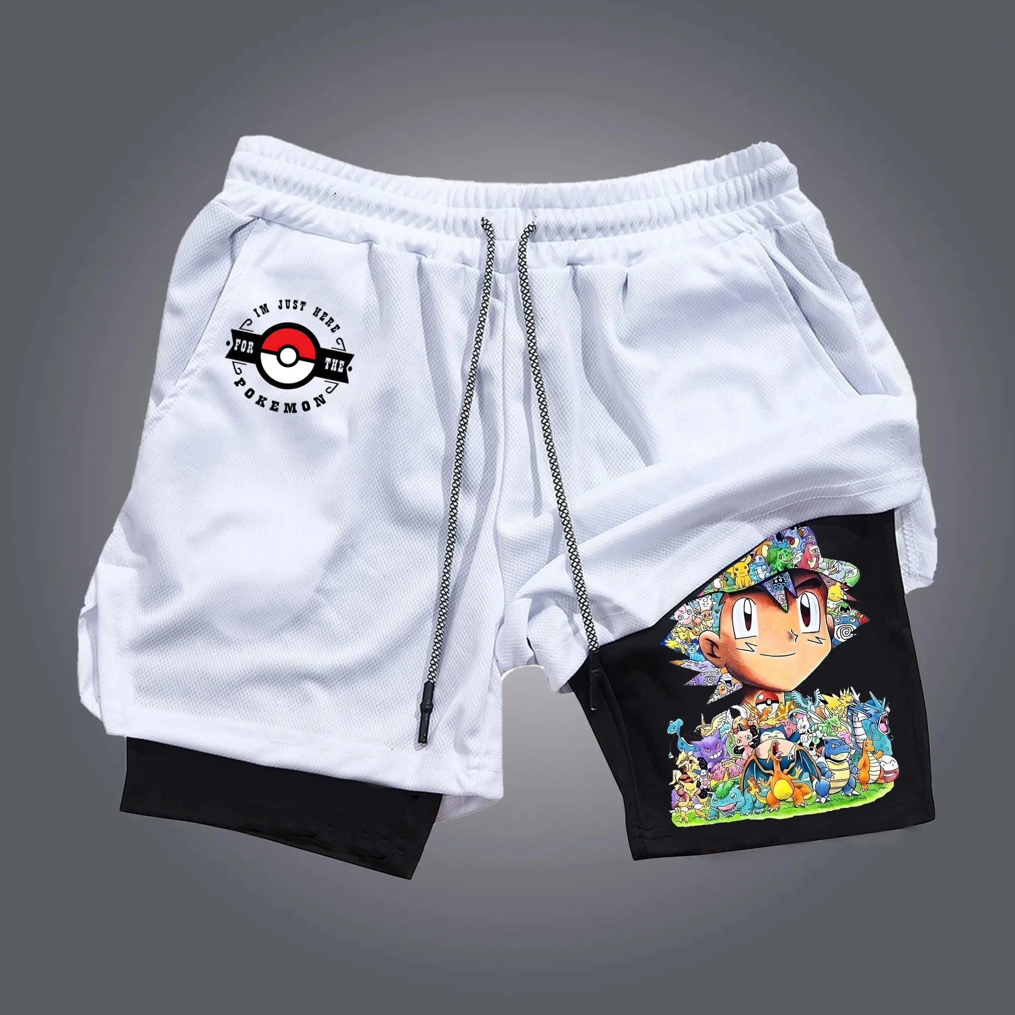 Pokémon Animation Derivatives Men's Fake Two Shorts Streetwear Pikachu Print GYM Sports Men's 2025 Summer Fashion Street Shorts