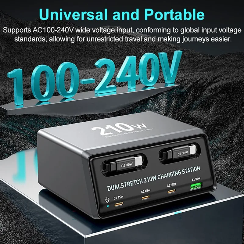 محطة شحن 6 في 1 بقوة 210 واط مع كابل USB-C قابل للسحب، برج شحن متعدد الأجهزة، شاحن سريع للهواتف المحمولة