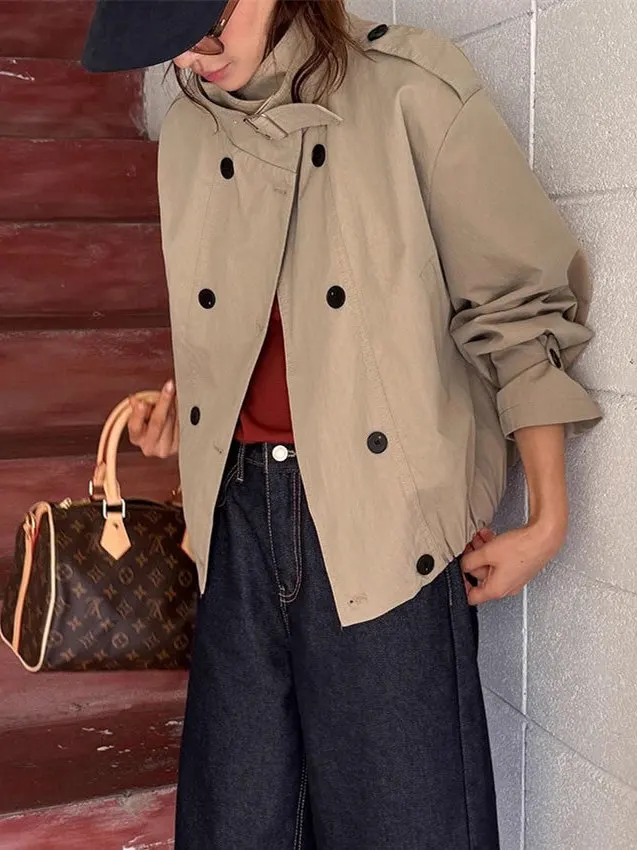Chic Retro Stand Collar Double Button Short Women's Jacket Spring New All-Match Workwear Short Outerwear Compact Size