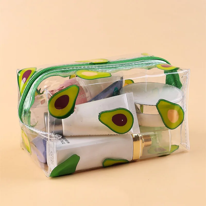 Women Zipper Cosmetic Bag Flower Print  Clear Makeup Bag Fashion Transparent Travel PVC Clear Mini Wash Storage Bags Strawberry