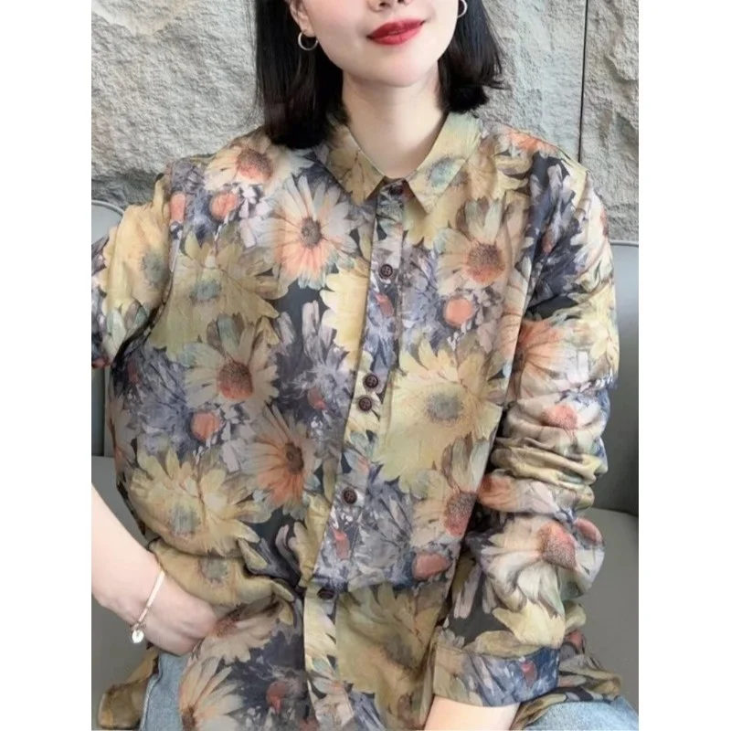 Lâche décontracté coton lin Long Sve mince imprimé irt femmes printemps automne grande taille confortable respirant Faionable