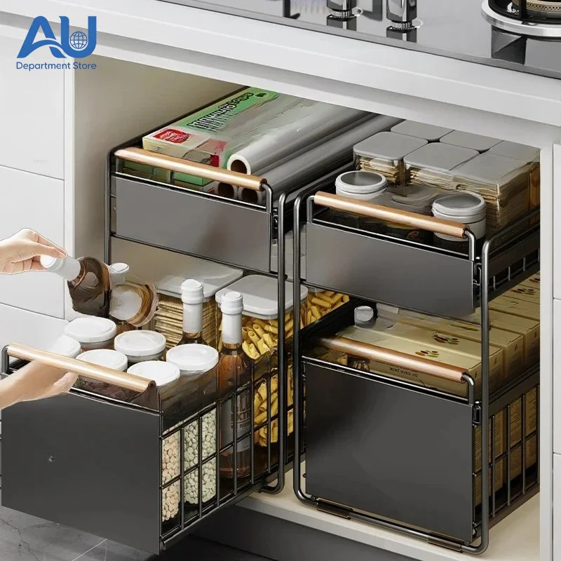Under Sink Organizer - Pull-out Tiered Shelf for Kitchen Cabinet | Adjustable Storage Rack with Drawers, Spice & Dish Organizer