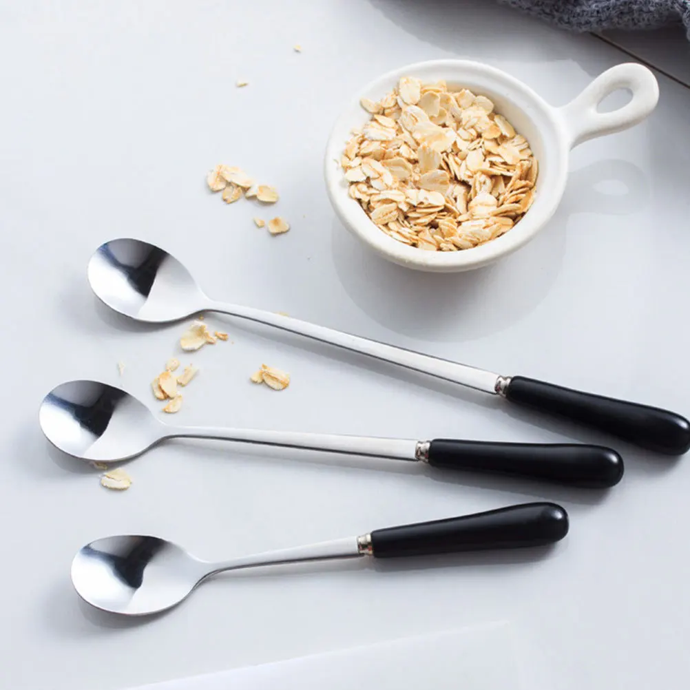 3 قطعة الفولاذ المقاوم للصدأ قهوة قاعدة الملاعق مقبض طويل أسود صغير الجليد ملاعق الحلوى للمنزل بار مطعم الحليب الشاي متجر #1