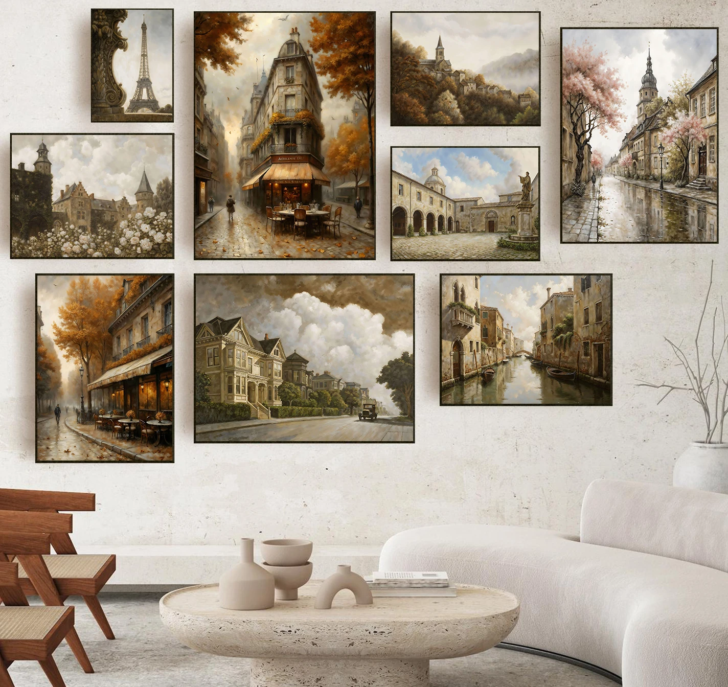 Affiches et tableaux sur toile rétro sur le thème de l'architecture urbaine médiévale nordique, des cafés de rue et des paysages campagnards, pour décoration murale et intérieure