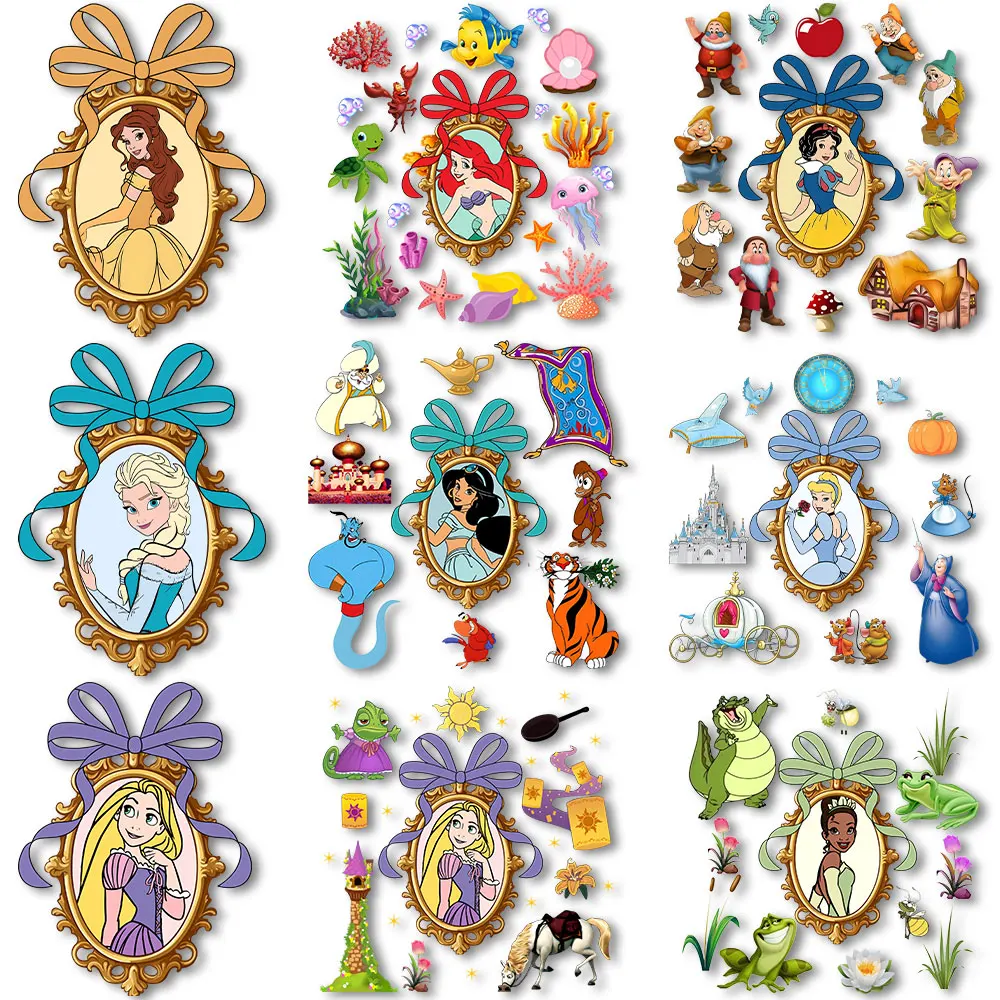 Princesses Belle Rapunzel Tiana Iron on Transfers Heat Press Stickers for Clothes Thermal Patches