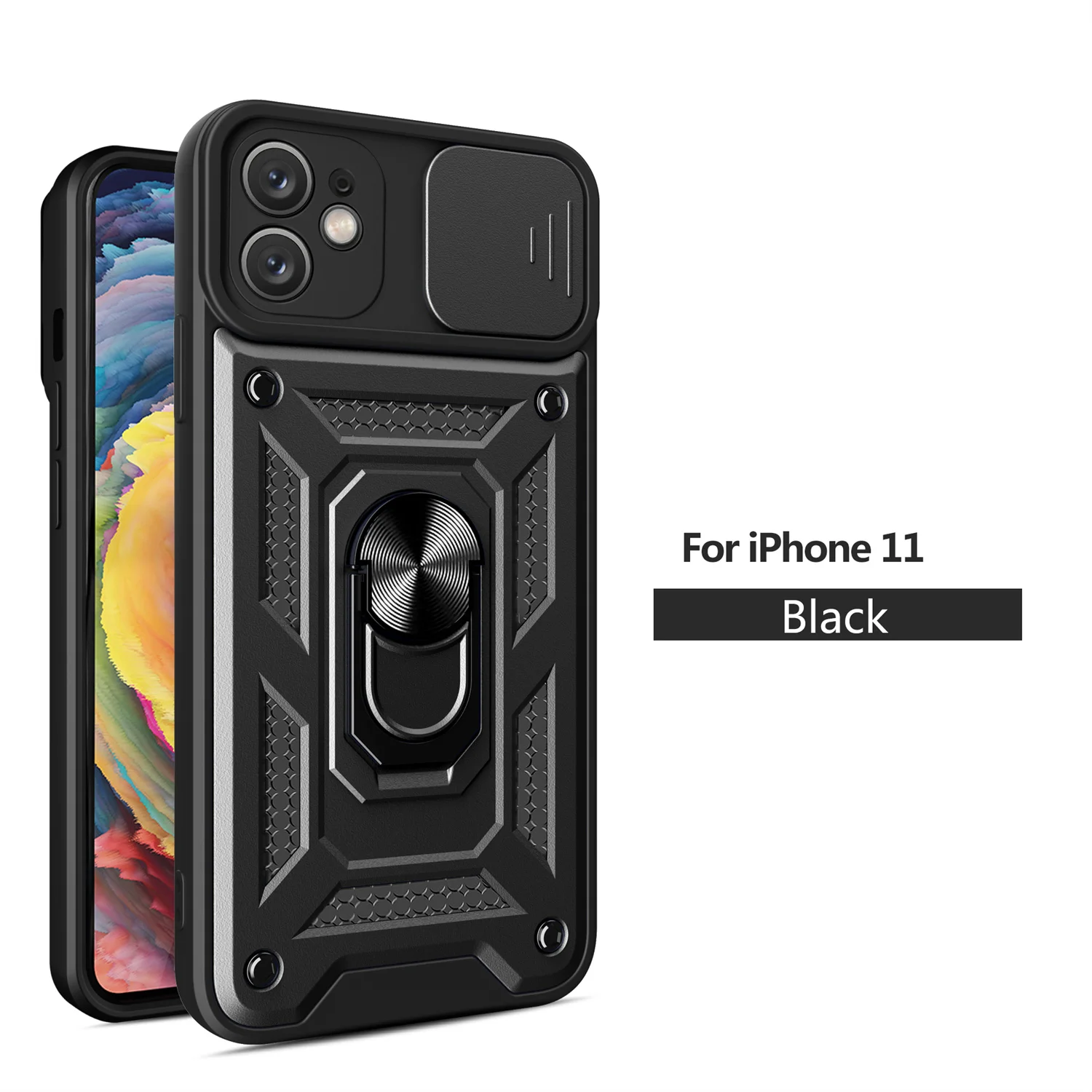 Für iPhone 11, stoßfeste Rüstung, Hybrid-Ring-Rückseite, Slide-Kameraobjektiv-Schutzhülle, stoßfeste Rüstungshülle