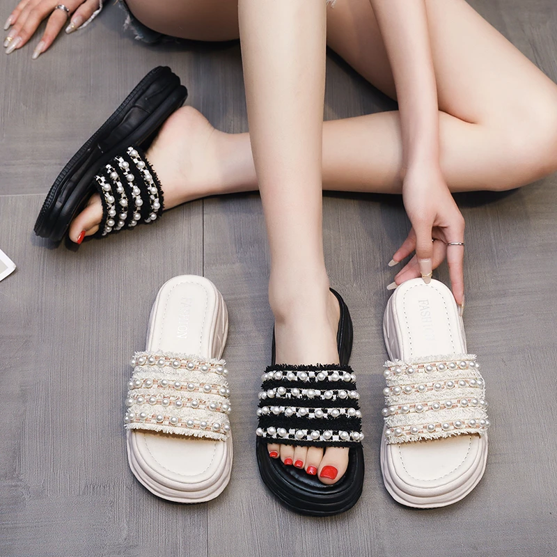 LazySea Pearl Bordered String Bead Dec Women Slides Sandals Flat Heels Women Slippers Outdoor Fashion Women Shoe zapatos mujer