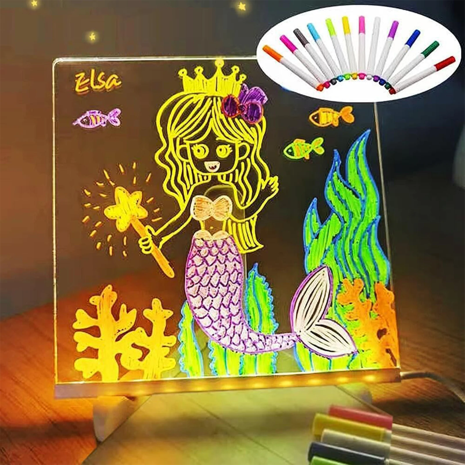 LED Illuminated Magic Note Board เดสก์ท็อป Memo Note Board Erasable สีขาวสําหรับเด็ก DIY ภาพวาด 7 สีปากกา